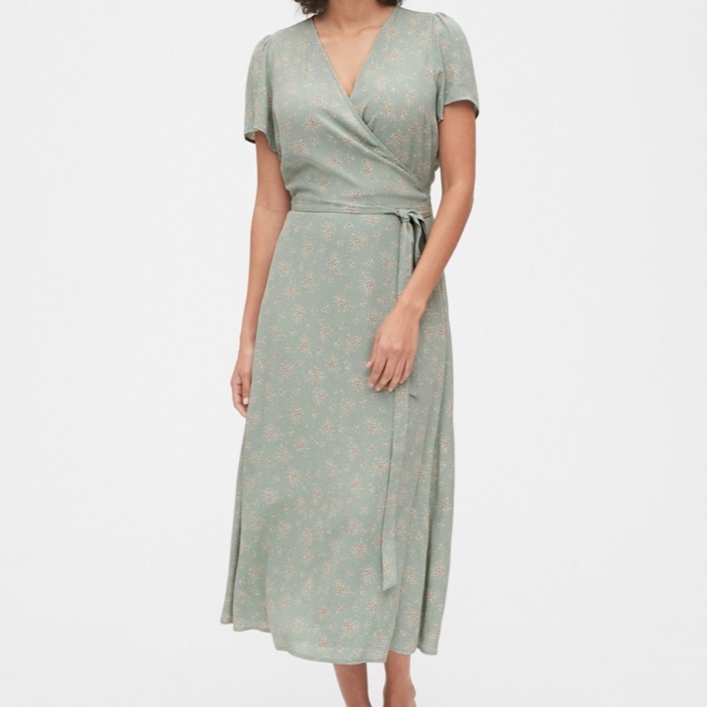 GAP Green/Floral Midi Wrap Dress